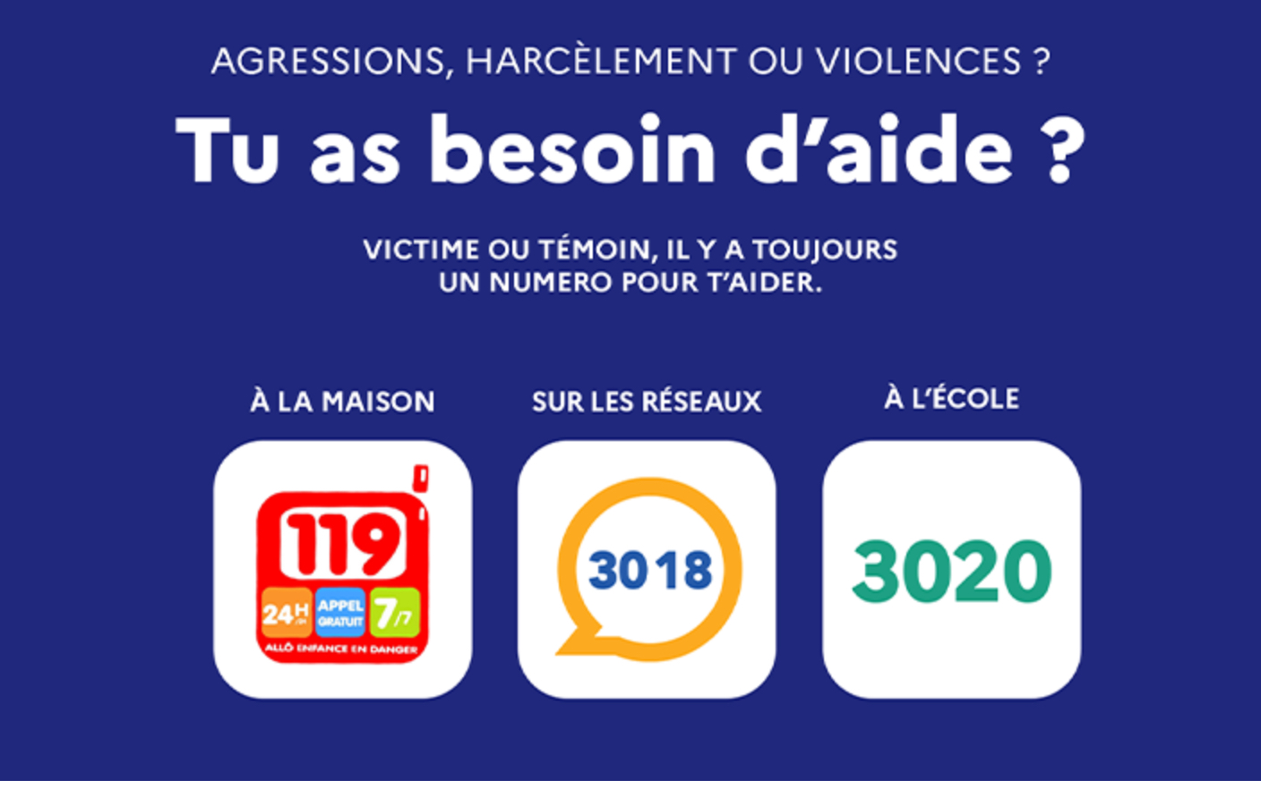 Agressions, (cyber)harcèlement, violences si tu as besoin d'aide, des